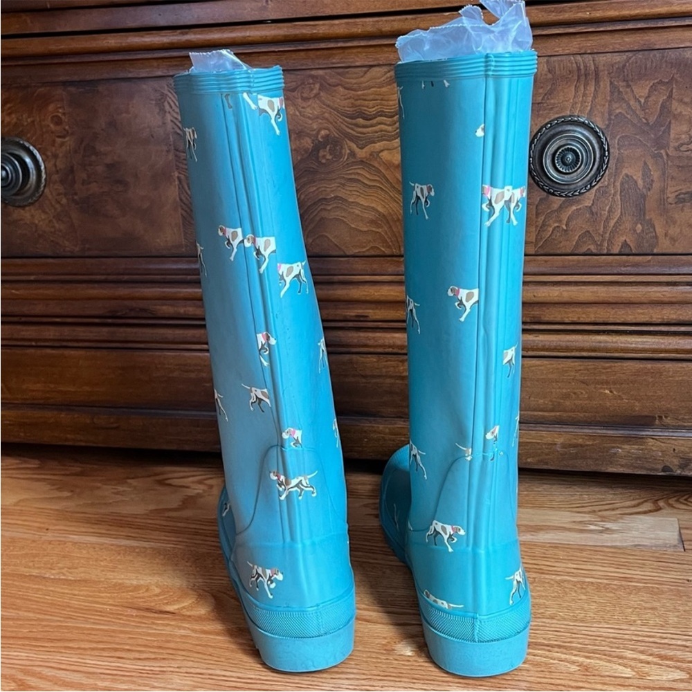 J Crew Hunting Pointer Dog Theme Rain Boots Size 10 Pull On Rubber Welleys - Picture 6 of 13